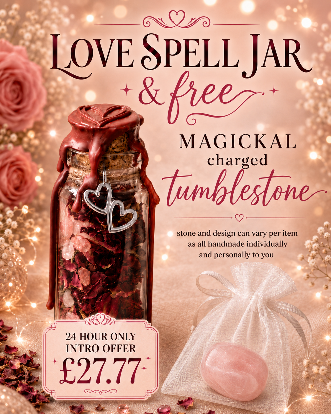Love Spell Jar + Magickal Charged Tumblestone