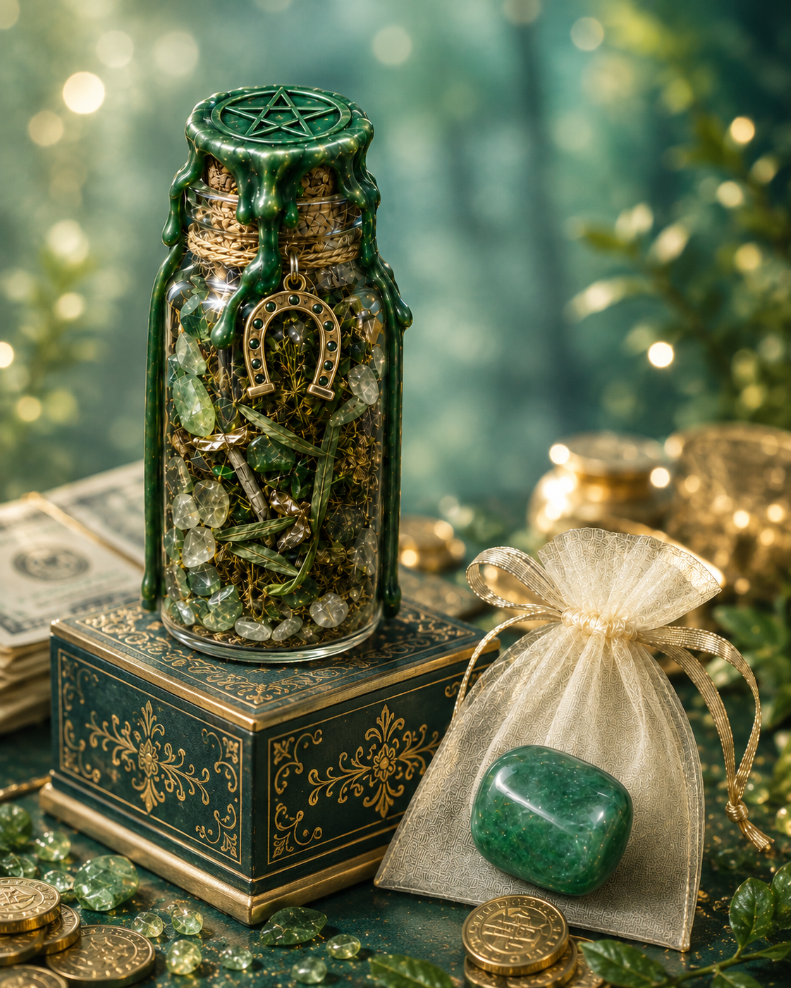 Money Spell Jar + Magickal Charged Tumblestone