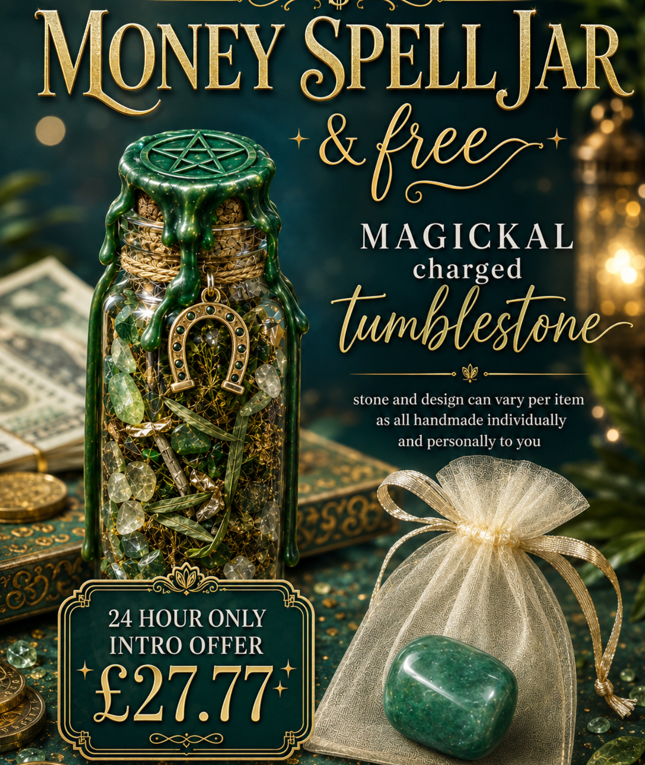 Money Spell Jar + Magickal Charged Tumblestone