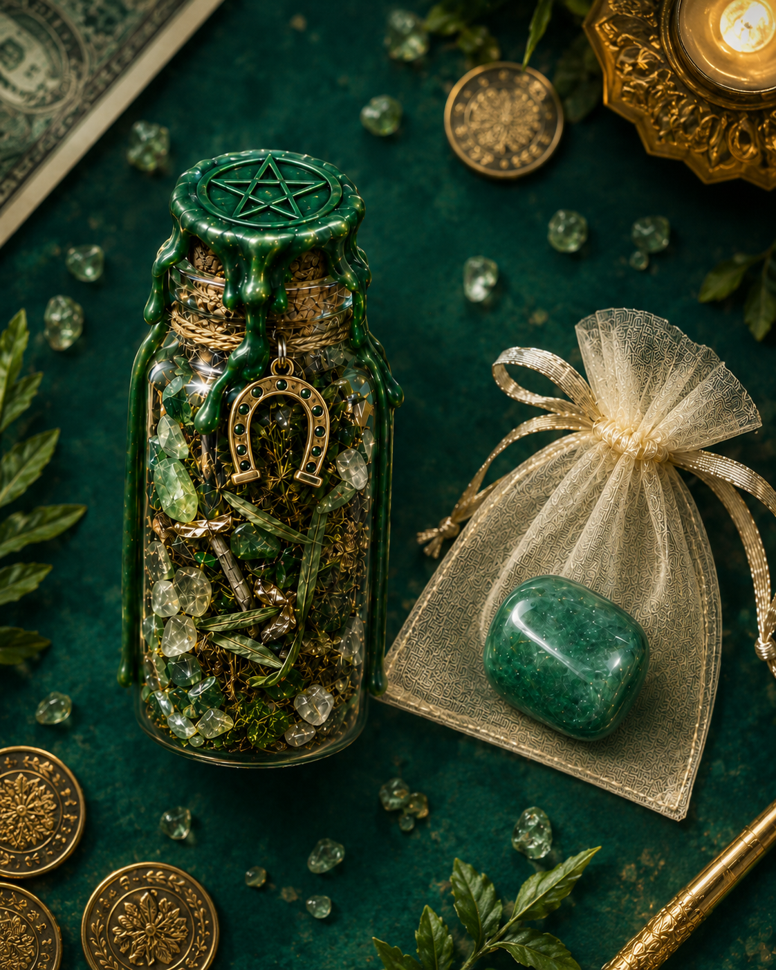 Money Spell Jar + Magickal Charged Tumblestone